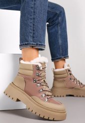 Ciemnobeżowe Traperki Sznurowane z Futerkiem Henna. Brązowe traperki Renee, bez wzorów, z jeansu, boho, z okrągłym noskiem, bez obcasa, bez zapięcia. W wyprzedaży za 167.99 zł.