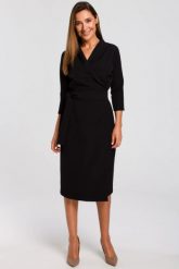 Elegancka sukienka biznesowa kopertowa midi z paskiem w talii czarna. Czarne sukienki Stylove, do pracy, xxl, bez wzorów, biznesowe, bez kołnierzyka, bez ramiączek, midi, kopertowe. Za 309.00 zł.