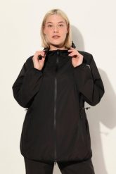 Damskie Kurtka przeciwdeszczowa woreczek podróżny wodoodporny. Czarne kurtki Ulla Popken, plus size, bez wzorów, z materiału, z kapturem. Za 349.99 zł.