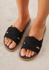 Czarne Klapki VICES z Przeplatanymi Paskami Anreene. Czarne klapki Born2be, bez wzorów, eleganckie, bez obcasa, na płaskiej podeszwie, bez zapięcia. Za 89.99 zł.