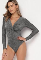 Srebrne Brokatowe Body z Głębokim Dekoltem Tialeta. Szare body i gorsety Born2be, bez wzorów, z tkaniny, bez ramiączek. W wyprzedaży za 84.99 zł.