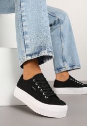 Czarno-Białe Basicowe Trampki na Platformie Mailiselle. Czarne trampki Renee, bez wzorów, z jeansu, bez zapięcia. W wyprzedaży za 67.99 zł.