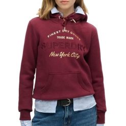 Damska bluza z kapturem z metalicznym logo Superdry Luxe. Brązowe bluzy Superdry, bez wzorów, ze skóry, casualowe, bez ramiączek, z kapturem. W wyprzedaży za 332.45 zł.