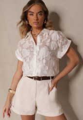 Biała Koszula z Krótkim Rękawem Zdobiona Kwiatowym Wzorem Frorela. Białe koszule Renee, m, z aplikacjami, eleganckie, bez kołnierzyka, bez ramiączek. Za 99.99 zł.