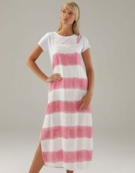 Dwuczęściowa sukienka midi. Białe sukienki Unisono, l, bez wzorów, z materiału, bez kołnierzyka, bez ramiączek, midi. Za 179.00 zł.