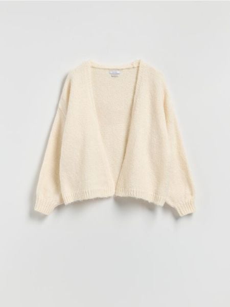 Kardigan z dodatkiem wełny - kremowy. Białe swetry Reserved, l, bez wzorów, z dzianiny, bez ramiączek. W wyprzedaży za 99.99 zł.