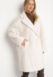 Biały Dwurzędowy Płaszcz Teddy o Fasonie Oversize Anerre. Białe płaszcze Born2be, l, bez wzorów, z dzianiny, eleganckie, bez kaptura. Za 299.99 zł.