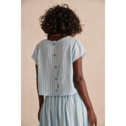 Bluzka Damska Popi Plus Size Paski Błękit. Niebieskie bluzki blue shadow, plus size, bez wzorów, z tkaniny, klasyczne, bez kołnierzyka, plus size, bez ramiączek. W wyprzedaży za 64.95 zł.