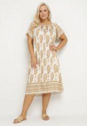Beżowa Wiskozowa Sukienka ze Wzorem Boho Ellivra. Brązowe sukienki Born2be, na co dzień, xl, z aplikacjami, z jeansu, boho, bez kołnierzyka, bez ramiączek, midi. Za 99.99 zł.