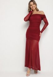 Bordowa Taliowana Sukienka Typu Hiszpanka z Transparentnymi Wstawkami Halacia. Czerwone sukienki Born2be, l, bez wzorów, eleganckie, bez kołnierzyka, bez ramiączek, maxi. Za 169.99 zł.