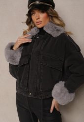 Ciemnoszara Jeansowa Kurtka z Futrem o Pudełkowym Kroju Folamia. Szare kurtki Renee, l, bez wzorów, z jeansu, eleganckie, bez kaptura. W wyprzedaży za 136.49 zł.
