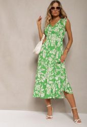 Zielona Wiskozowa Kwiatowa Sukienka Wykończona Gumką w Pasie o Rozkloszowanym Kroju Keranea. Zielone sukienki Renee, na imprezę, l, bez wzorów, z wiskozy, eleganckie, bez kołnierzyka, bez ramiączek, midi, dopasowane. W wyprzedaży za 55.99 zł.
