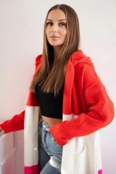 Sweter Kardigan z kapturem w pasy czerwony+ecru+różowy neon. Czerwone swetry KESI, l, bez wzorów, z jeansu, plus size, bez ramiączek. Za 209.08 zł.