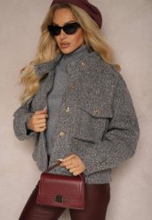 Szara Kurtka Utility z Kieszeniami z Klapami i Bufiastymi Rękawami Niraleen. Szare kurtki Renee, l, bez wzorów, z jeansu, bez kaptura. W wyprzedaży za 164.99 zł.