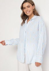 Niebieska Bawełniana Koszula w Paski z Kwiatowym Zdobieniem Ameliora. Niebieskie koszule Born2be, uniwersalny, z aplikacjami, z bawełny, eleganckie, bez kołnierzyka, bez ramiączek. Za 149.99 zł.
