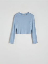 Bluzka z metalizowaną nitką - jasnoniebieski. Niebieskie bluzki Reserved, l, bez wzorów, z wiskozy, bez kołnierzyka, bez ramiączek. W wyprzedaży za 25.99 zł.