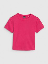 4F T-shirt slim z prążkowanej dzianiny damski - różowy XL. Czerwone t-shirty 4f, xl, bez wzorów, z bawełny, klasyczne, bez kołnierzyka, bez ramiączek. W wyprzedaży za 49.99 zł.