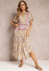 Żółta Kwiecista Sukienka Midi z Gumką w Pasie i Falbanką przy Rękawach Hachitane. Żółte sukienki Renee, na co dzień, l, bez wzorów, boho, bez kołnierzyka, bez ramiączek, midi, proste. W wyprzedaży za 55.99 zł.