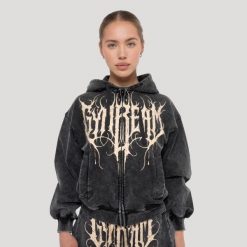 Bluza damska fitness z kapturem i zamkiem grafitowa Abyss. Szare bluzy GYMBEAM, s, bez wzorów, z bawełny, klasyczne, bez ramiączek, z kapturem. Za 148.90 zł.