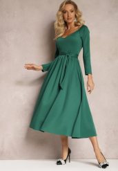 Zielona Sukienka Midi o Rozszerzanym Kroju z Paskiem w Talii i Dekoltem w Serek Vividia. Zielone sukienki Renee, na co dzień, m, bez wzorów, eleganckie, bez kołnierzyka, bez ramiączek, midi, rozkloszowane. Za 89.99 zł.