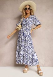 Granatowo-Biała Sukienka z Wiskozy i Bawełny Ozdobiona Falbaną i Sznurkiem w Pasie Vantia. Niebieskie sukienki Renee, na co dzień, l, bez wzorów, z bawełny, eleganckie, bez kołnierzyka, bez ramiączek, maxi, dopasowane. W wyprzedaży za 97.99 zł.