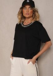 Czarny T-shirt z Bawełny z Cyrkoniami Fadeola. Czarne t-shirty Renee, l, bez wzorów, z bawełny, eleganckie, bez kołnierzyka, bez ramiączek. W wyprzedaży za 43.99 zł.