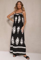 Czarna Rozkloszowana Sukienka na Ramiączkach w Ornamentalny Print Reveleine. Czarne sukienki Renee, na co dzień, l, z aplikacjami, bez kołnierzyka, bez ramiączek, maxi, dopasowane. W wyprzedaży za 55.99 zł.