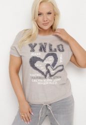 Ciemnobeżowa Bawełniana Bluzka ze Ściągaczem na Dole z Napisami i Cyrkoniami Tesaria. Brązowe bluzki Born2be, xl, z aplikacjami, z bawełny, eleganckie, bez kołnierzyka, bez ramiączek. Za 79.99 zł.
