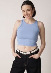 Niebieski Top z Prążkowanego Materiału Zitessa. Niebieskie topy Born2be, m, bez wzorów, z jeansu, eleganckie, bez kołnierzyka, bez ramiączek. Za 39.99 zł.