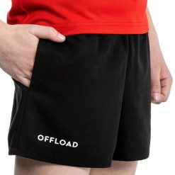 Spodenki do rugby z kieszeniami dla dzieci Offload R100. Czarne szorty OFFLOAD, bez wzorów, z materiału, klasyczne. Za 44.99 zł.