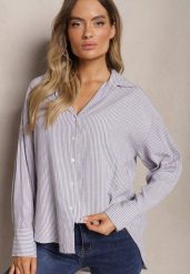 Granatowa Koszula z Lnu i Wiskozy Ozdobiona Wzorem w Paski Iveleira. Niebieskie koszule Renee, l, bez wzorów, z jeansu, biznesowe, bez kołnierzyka, bez ramiączek. W wyprzedaży za 67.99 zł.