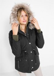 Parka ocieplana na podszewce. Czarne płaszcze bonprix, bez wzorów, z kapturem. Za 309.99 zł.