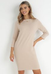 Beżowa Sukienka Isatea. Brązowe sukienki Born2be, do pracy, l, bez wzorów, z bawełny, biznesowe, bez kołnierzyka, bez ramiączek, midi. W wyprzedaży za 83.99 zł.