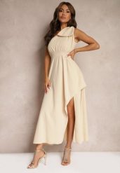 Beżowa Sukienka Koktajlowa o Asymetrycznym Kroju na Jedno Ramię Ozdobiona Kokardą Vimorissa. Brązowe sukienki Renee, na co dzień, m, bez wzorów, eleganckie, z asymetrycznym kołnierzem, bez ramiączek, maxi, asymetryczne. W wyprzedaży za 69.99 zł.