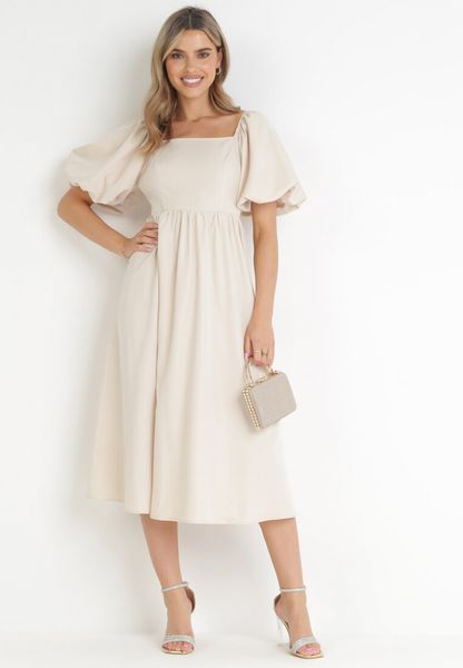 Beżowa Rozkloszowana Sukienka Midi z Bufiastymi Rękawami i Kwadratowym Dekoltem Ceania. Brązowe sukienki Born2be, na spotkanie biznesowe, l, bez wzorów, eleganckie, bez kołnierzyka, bez ramiączek, midi, rozkloszowane. Za 119.99 zł.