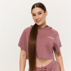 Bluza damska fitness z kapturem krótka Relay Cropped Haze. Szare bluzy GYMBEAM, m, bez wzorów, z bawełny, klasyczne, bez ramiączek, z kapturem. Za 125.90 zł.