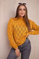 Sweter z półgolfem i wzorem w romby musztardowy. Swetry KESI, l, bez wzorów, z wełny, plus size, bez ramiączek. Za 125.45 zł.