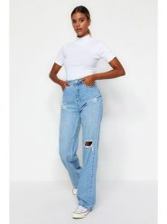 Trendyol Dżinsy - Comfort fit - w kolorze błękitnym rozmiar: 42. Niebieskie jeansy Trendyol, bez wzorów, z bawełny, klasyczne, z podwyższonym stanem. Za 83.42 zł.
