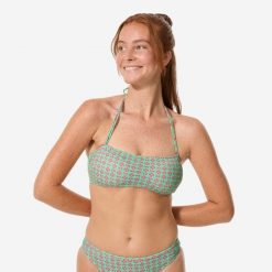 Góra kostiumu kąpielowego damska Decathlon Lori Keyshot. Zielone bikini Decathlon, bez wzorów, z elastanu, sportowe. Za 39.99 zł.