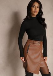 Brązowa Spódnica z Wiskozą o Asymetrycznym Kroju z Imitacji Skóry z Paskiem Zenezi. Brązowe spódnice Renee, na spotkanie biznesowe, s, bez wzorów, ze skóry, eleganckie, mini, asymetryczne. W wyprzedaży za 75.99 zł.