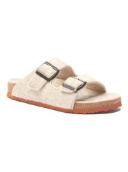 Comfortfusse Wełniane klapki w kolorze beżowym rozmiar: 43. Brązowe klapki Comfortfüße, bez wzorów, z materiału, klasyczne, z otwartym noskiem, bez obcasa, bez zapięcia. Za 200.13 zł.