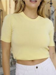 Sweter z krótkim rękawem - żółty. Żółte swetry Sinsay, l, bez wzorów, bez ramiączek. Za 29.99 zł.