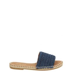 KLAPKI Z MATERIAŁOWYM SPLOTEM 0652310 NAVY. Niebieskie klapki Venezia, bez wzorów, z materiału, bez obcasa, bez zapięcia. Za 139.00 zł.