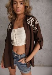 Brązowa Wiskozowa Koszula Nietoperz z Regulowanymi Rękawami i Haftem Drenesh. Brązowe koszule Renee, l, z aplikacjami, z jeansu, bez kołnierzyka, bez ramiączek. Za 89.99 zł.