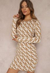 Biało-Beżowa Sukienka Dzianinowa w Geometryczny Wzór Chlaria. Brązowe sukienki Renee, m, bez wzorów, z dzianiny, eleganckie, bez kołnierzyka, bez ramiączek, mini, dopasowane. W wyprzedaży za 90.99 zł.