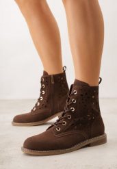 Brązowe Ażurowe Botki Skórzane Adeis. Brązowe botki Born2be, w ażurowe wzory, z jeansu, bez obcasa, na płaskiej podeszwie, bez zapięcia. Za 189.99 zł.