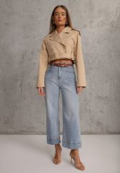 Niebieskie Szerokie Jeansy z Bawełną High Waist Ozdobione Przeszyciami Timolis. Niebieskie jeansy Renee, l, bez wzorów, z bawełny, z podwyższonym stanem. Za 119.99 zł.