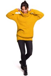 Miodowy Oversizowy Sweter-Tunika z Golfem. Pomarańczowe swetry MOE, l, bez wzorów, z materiału, bez ramiączek. Za 203.90 zł.