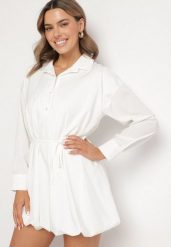 Biała Koszulowa Sukienka w Stylu Bombki z Paskiem Lavilorae. Białe sukienki Born2be, na spotkanie biznesowe, l, bez wzorów, eleganckie, bez kołnierzyka, bez ramiączek, mini, bombki. W wyprzedaży za 76.49 zł.