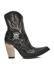 NEW ROCK Kowbojki M-7919-S1 Czarny. Czarne botki NEW ROCK, bez wzorów, ze skóry, rockowe, bez obcasa, na słupku, bez zapięcia. Za 1,159.00 zł.